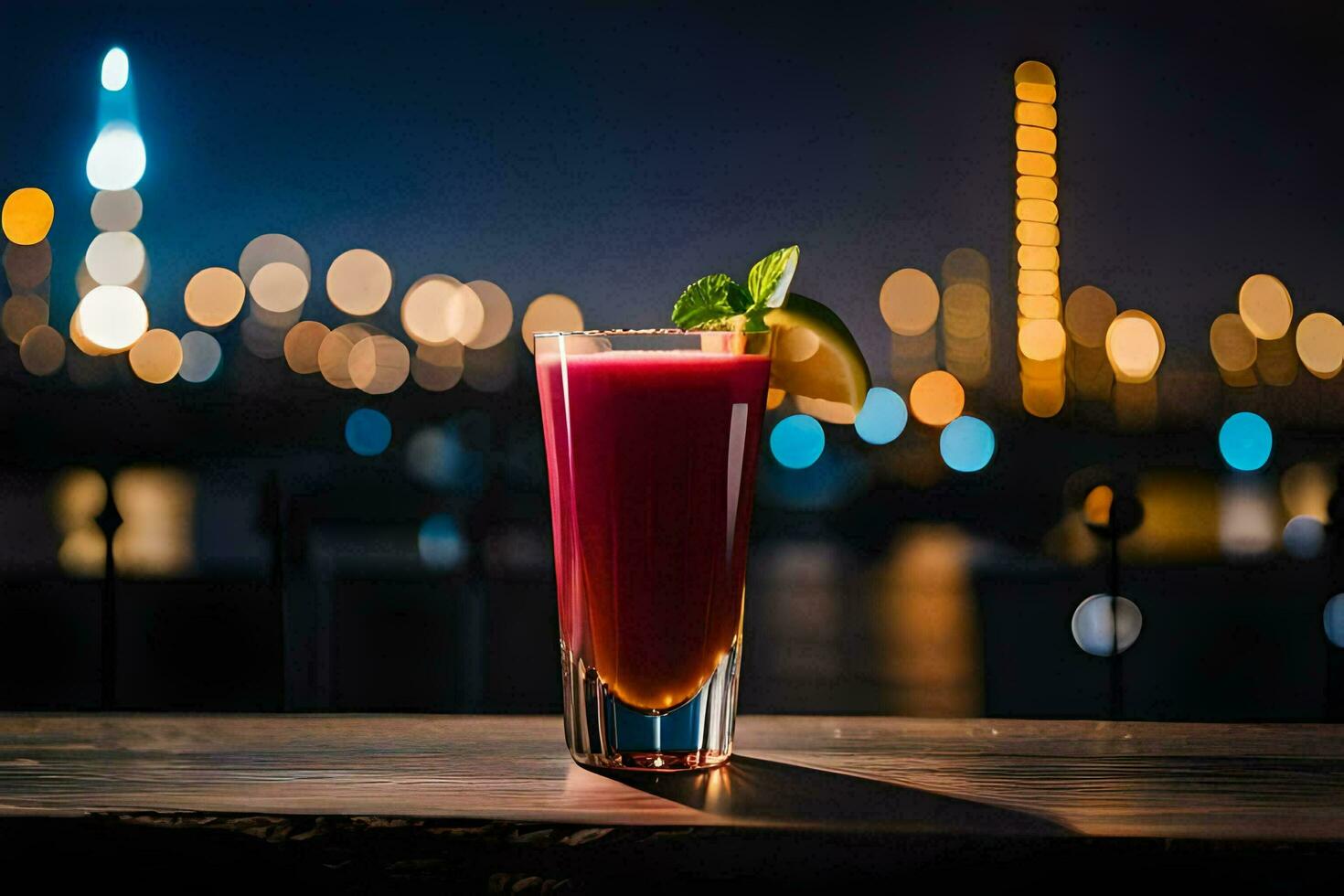 a drink with a red liquid sitting on a table in front of a city skyline. AI-Generated photo
