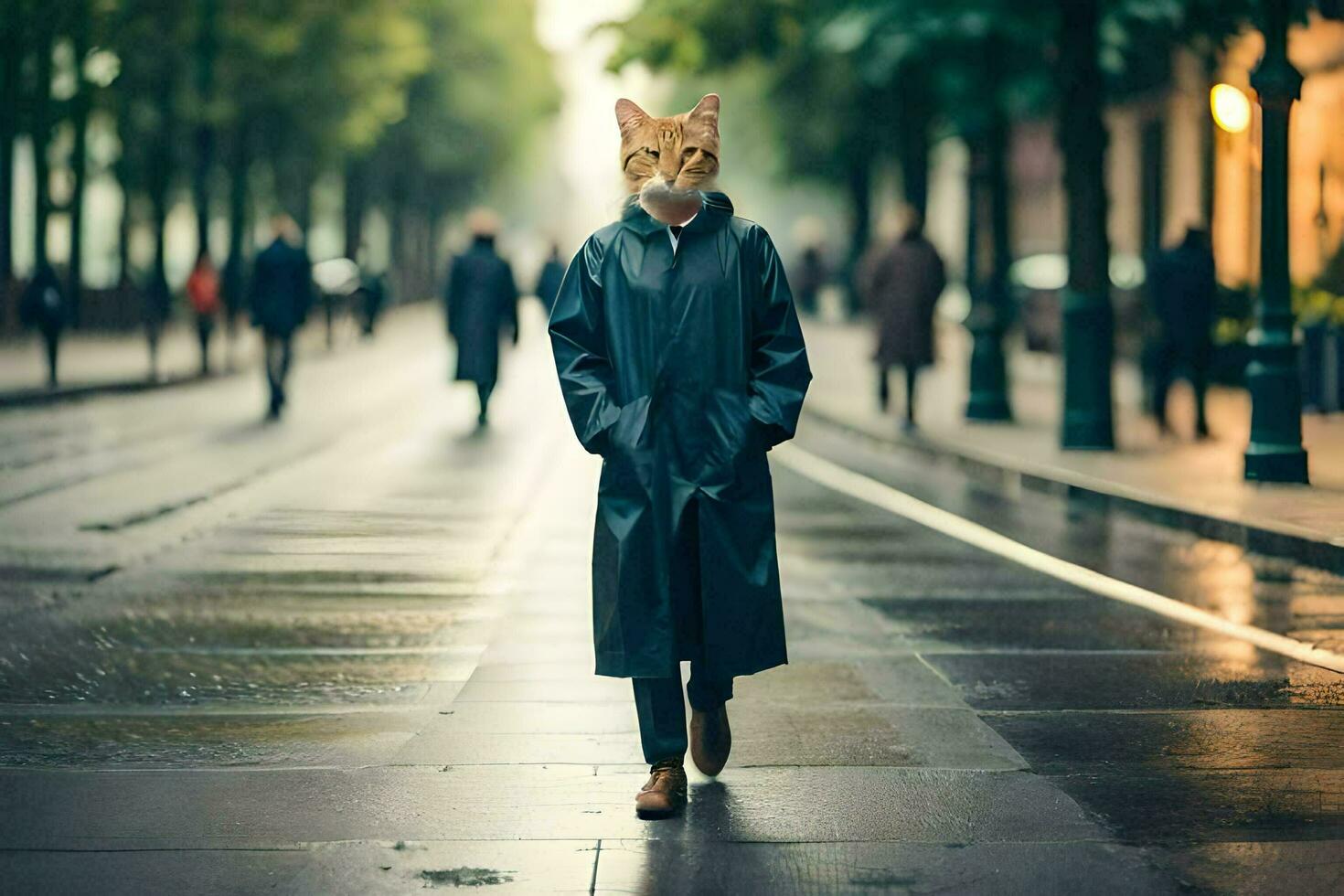 a cat wearing a mask walks down a street. AI-Generated photo