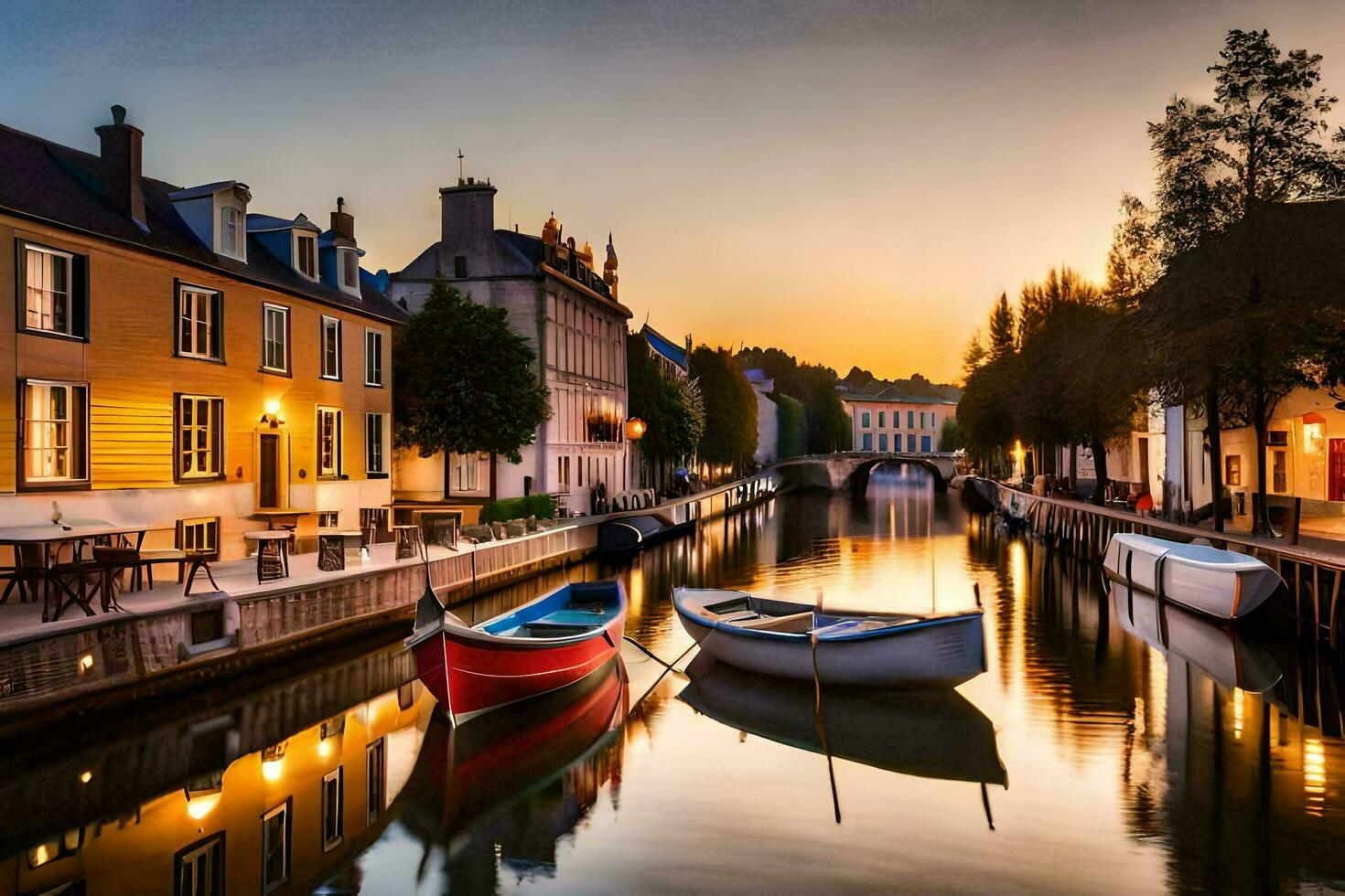 boats are docked in a canal at sunset. AI-Generated photo