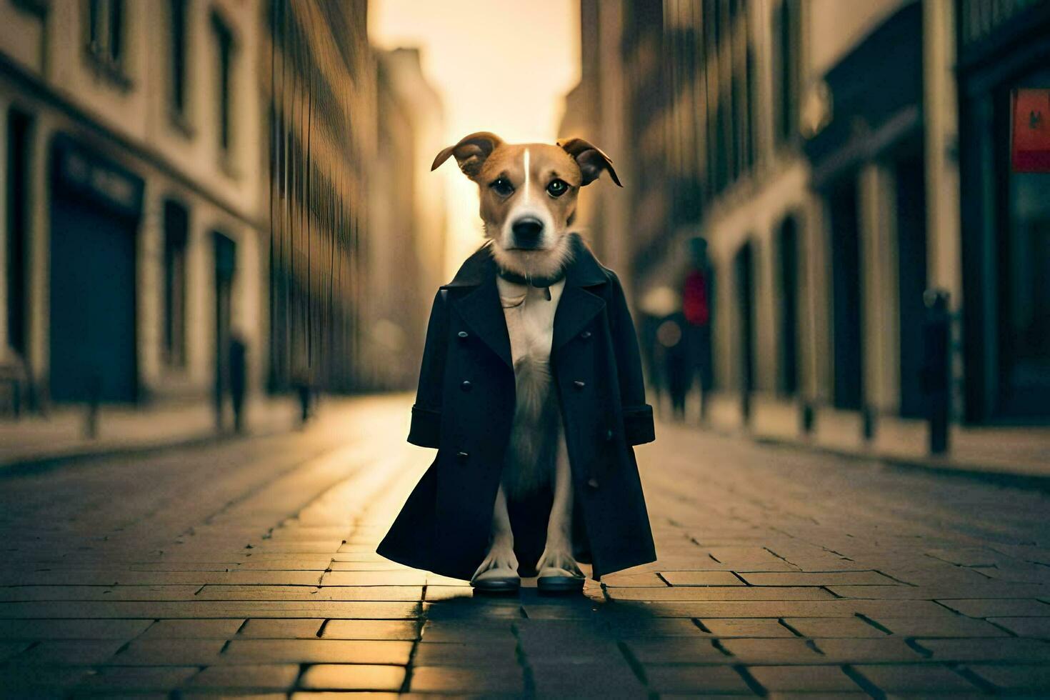 a dog wearing a coat and tie standing on a street. AI-Generated photo
