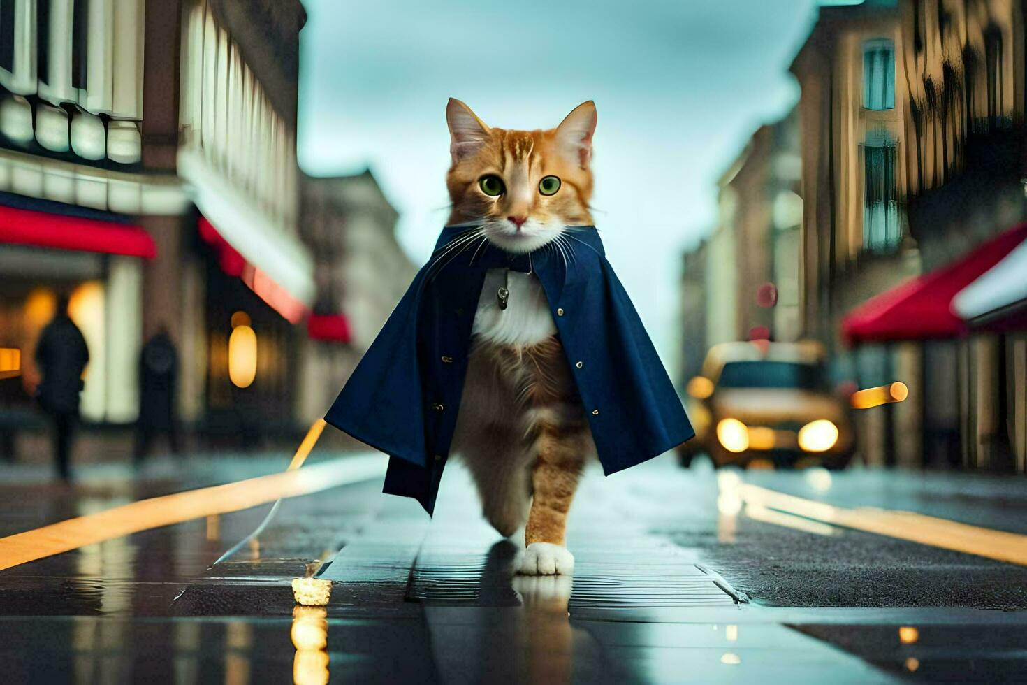 a cat wearing a cape walks down a street. AI-Generated photo