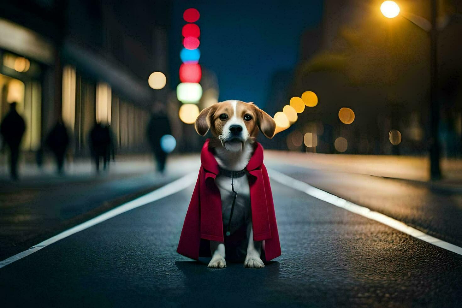 a dog wearing a red cape on the street at night. AI-Generated photo