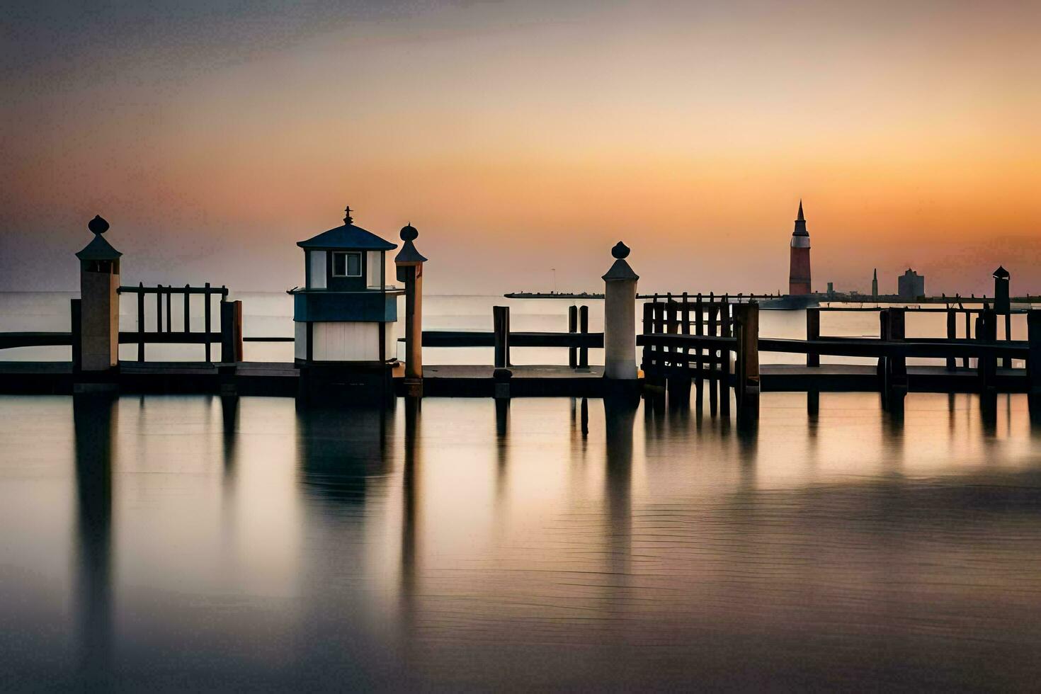 a pier with a lighthouse at sunset. AI-Generated photo