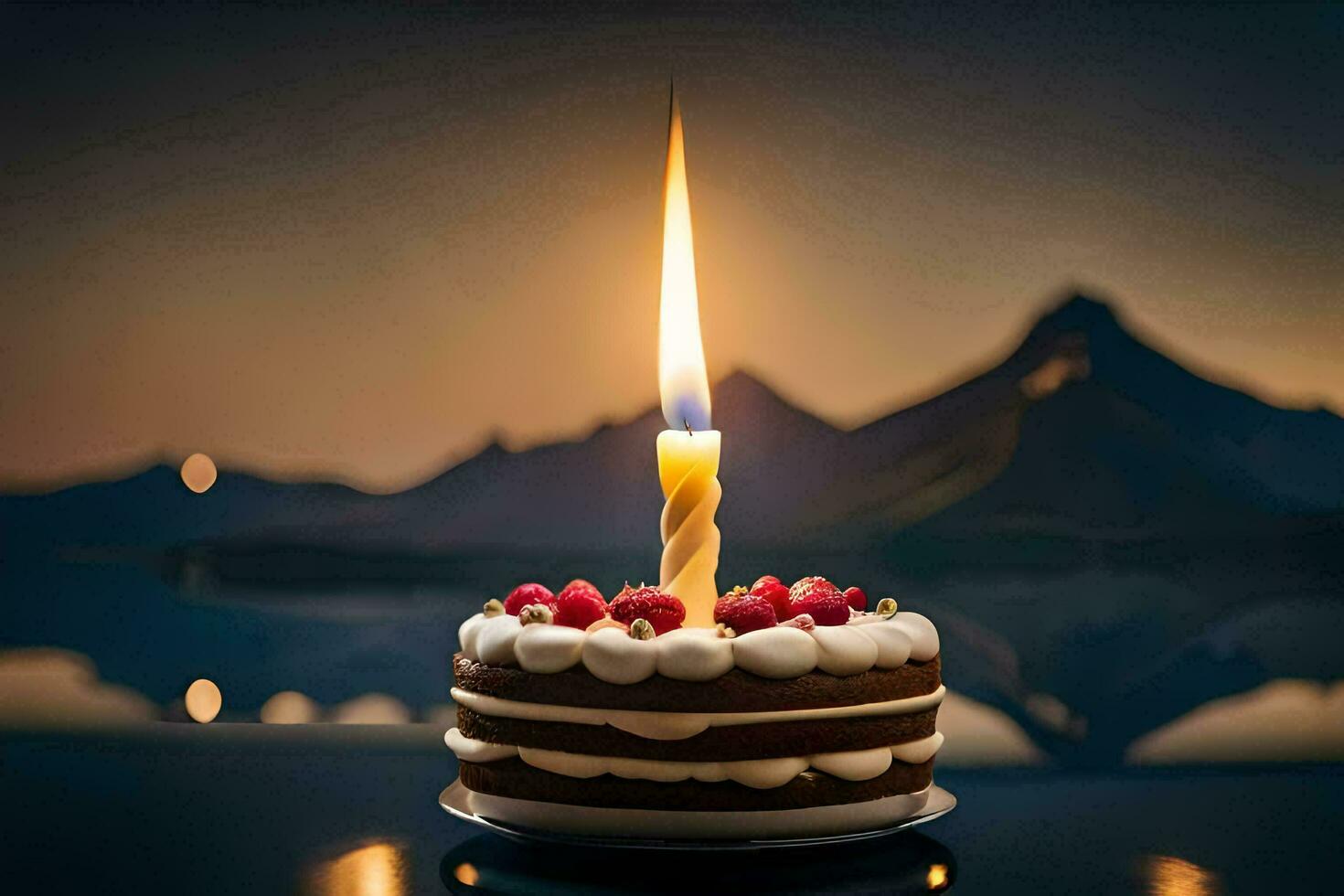 a birthday cake with a lit candle on top. AI-Generated photo