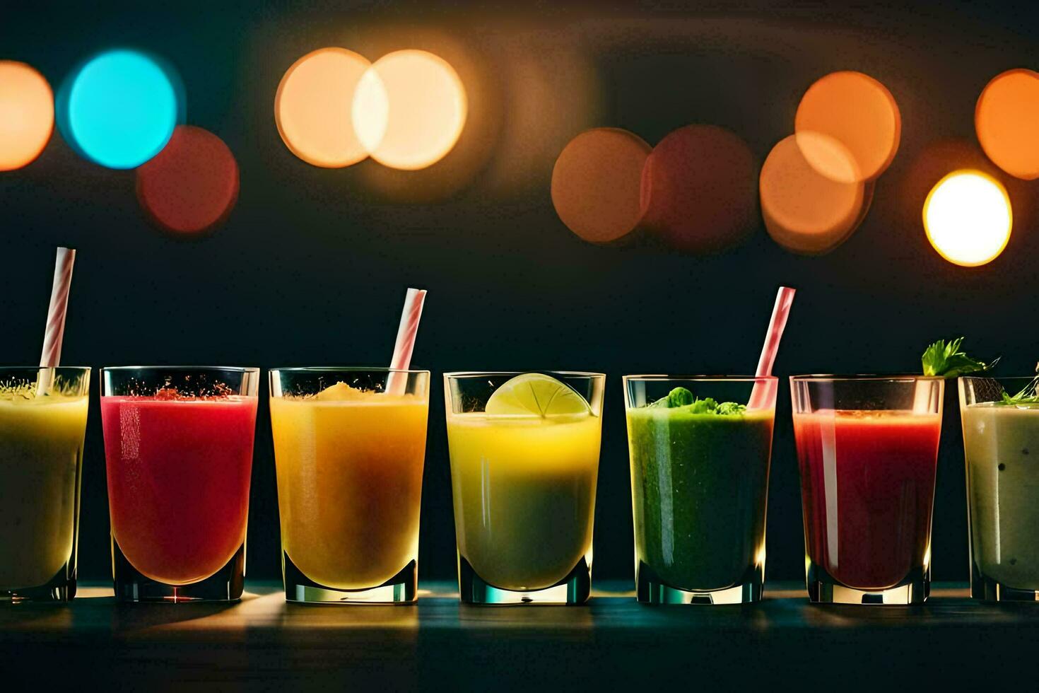 a row of different colored smoothies in glasses. AI-Generated photo