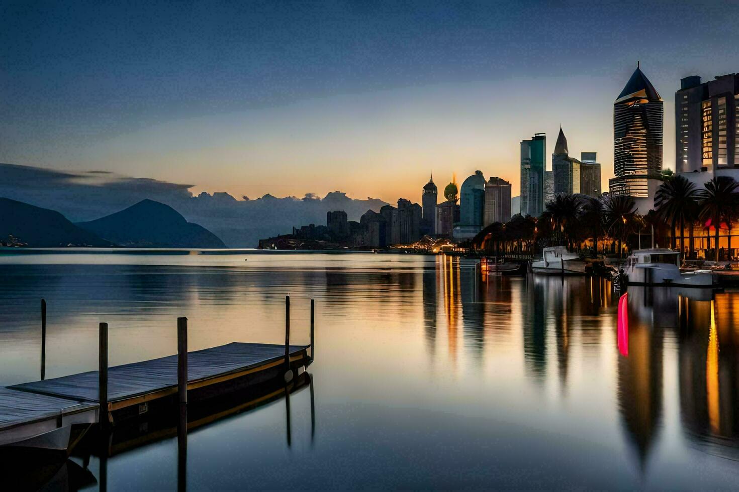 the city skyline is reflected in the water at dusk. AI-Generated photo