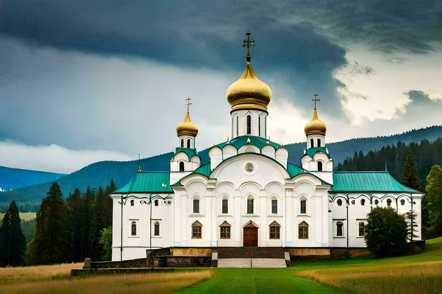 a white church with gold domes on top of a green field. AI-Generated photo