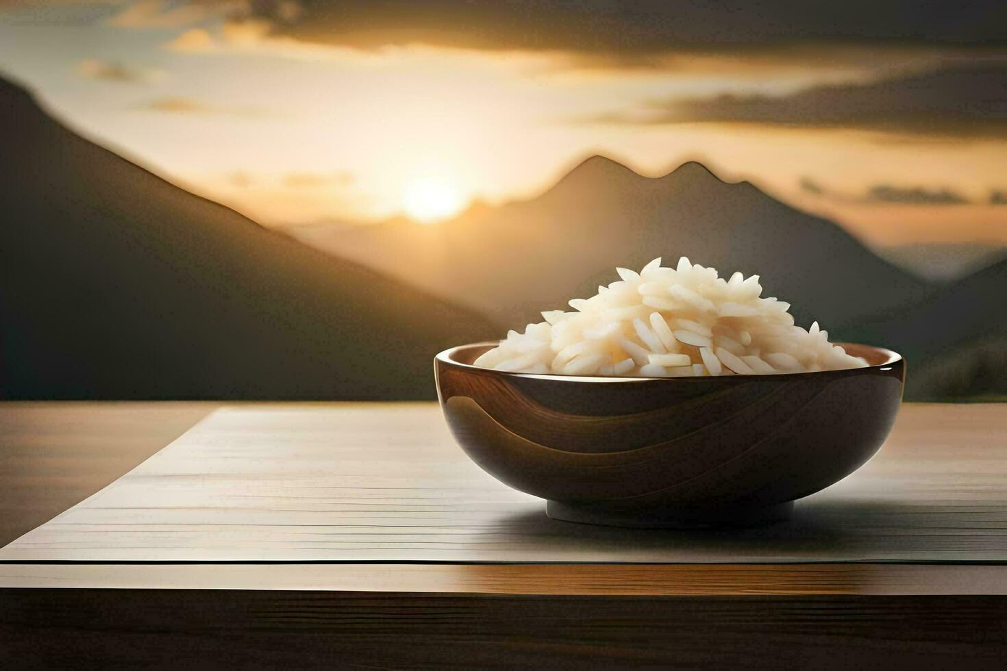 rice in a bowl on a table with mountains in the background. AI-Generated photo