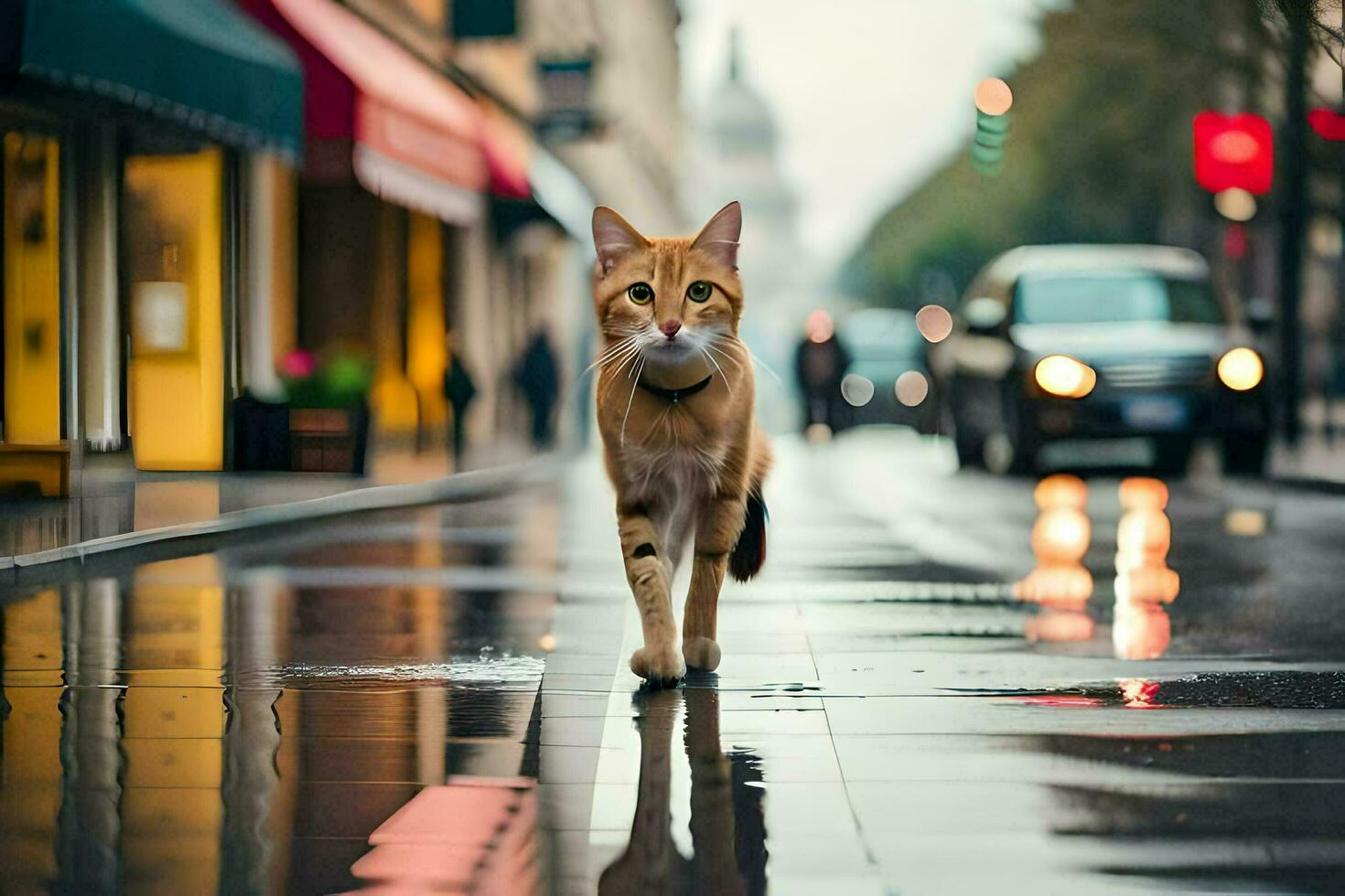 a cat walking on a wet street in the rain. AI-Generated photo