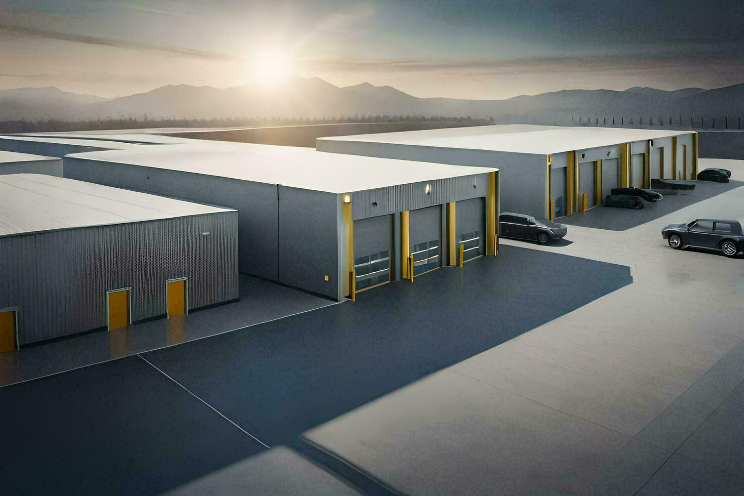 a warehouse with cars parked in front of it. AI-Generated photo