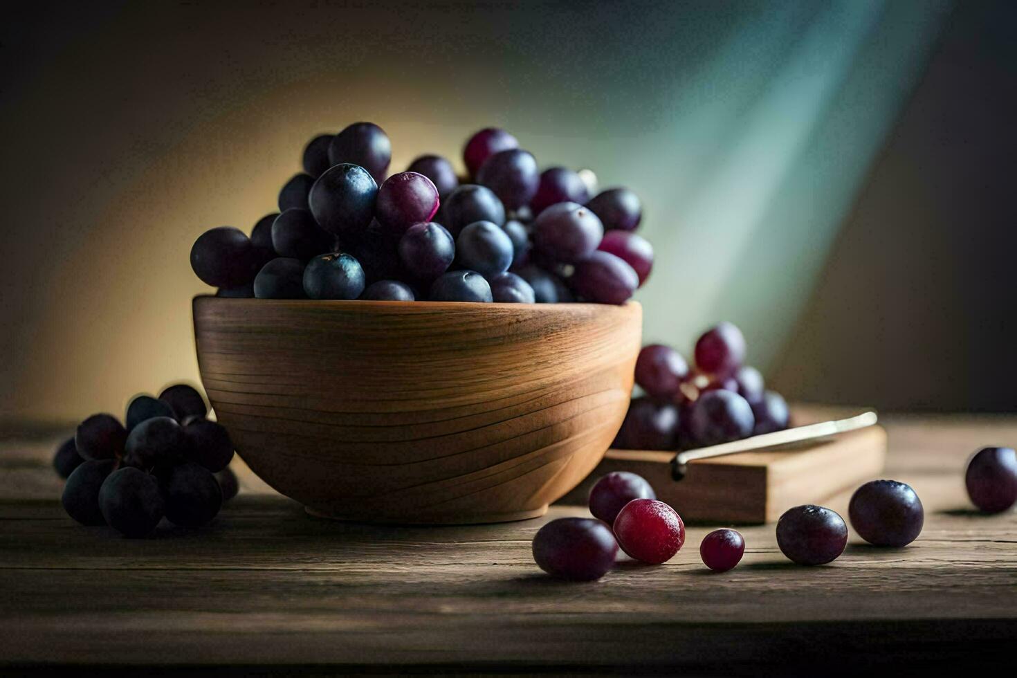 grapes in a wooden bowl on a table. AI-Generated photo