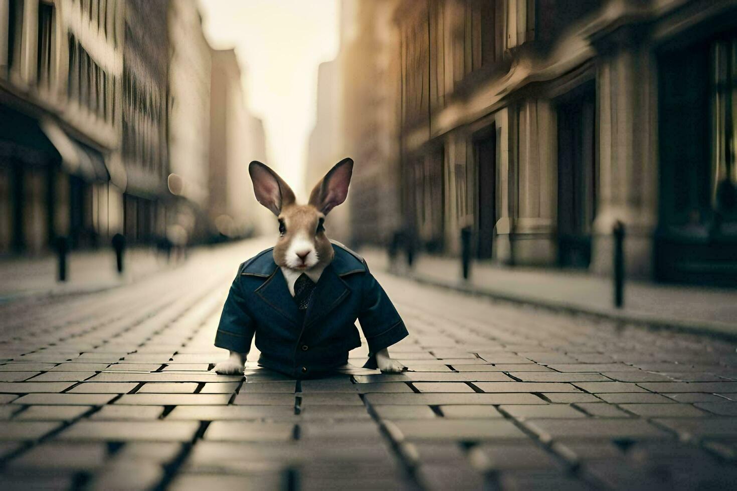 a rabbit wearing a suit and tie standing on a street. AI-Generated photo