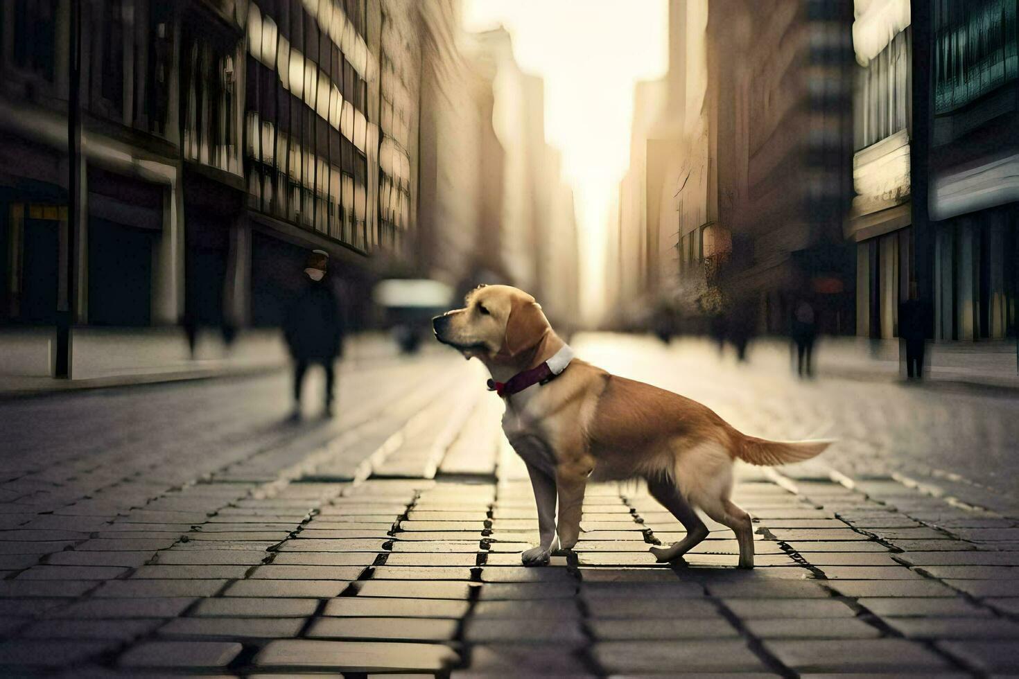 a dog is standing on a brick street in a city. AI-Generated photo