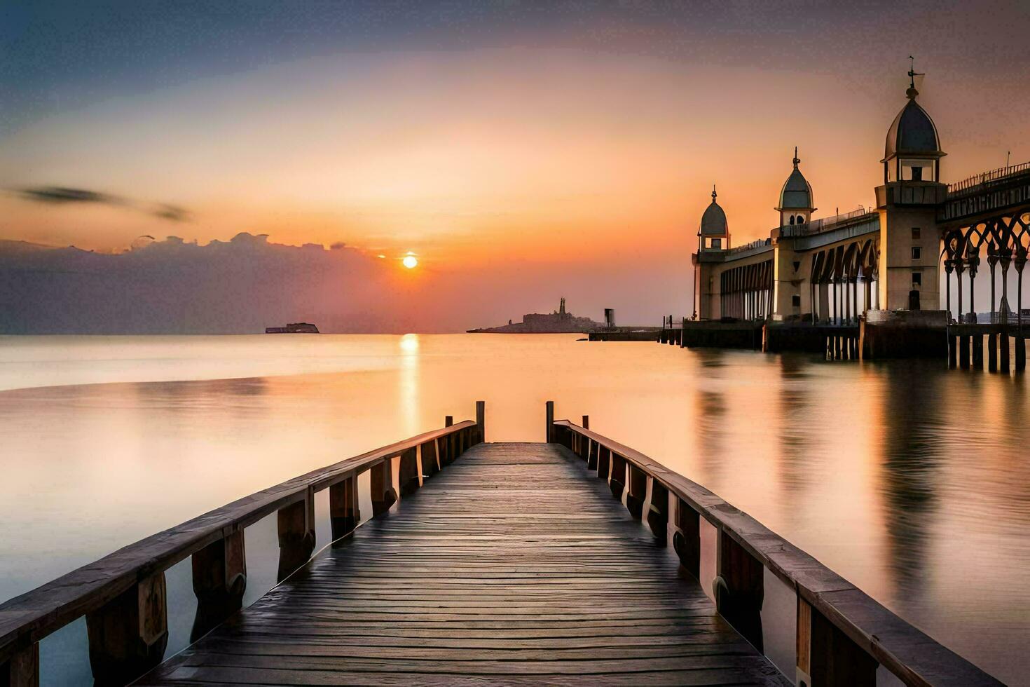 a pier with a bridge leading to the ocean at sunset. AI-Generated photo