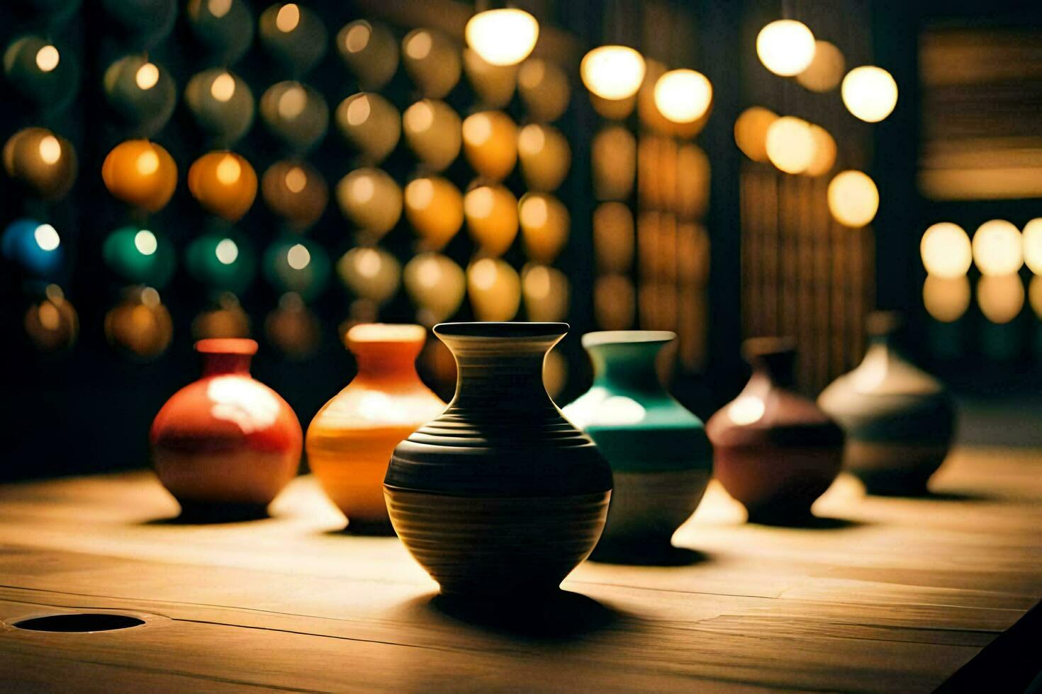 a row of vases on a wooden table. AI-Generated photo