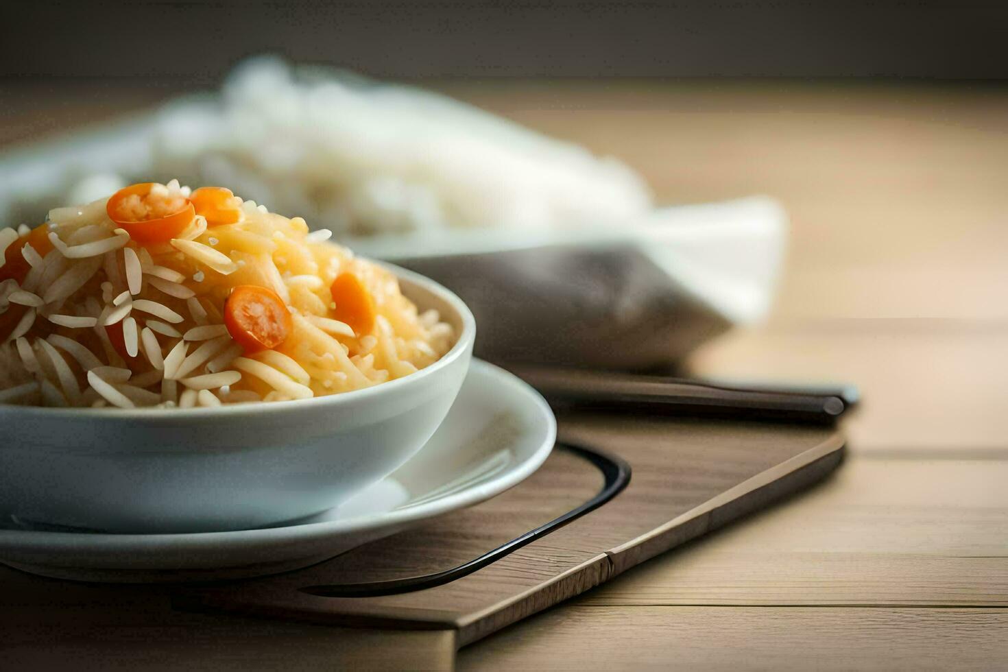 a bowl of rice and carrots on a wooden table. AI-Generated photo
