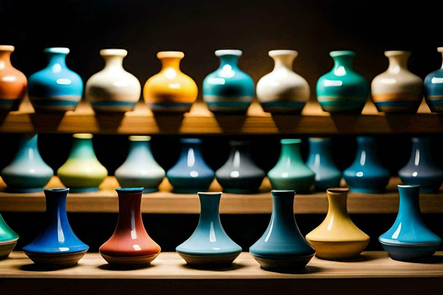 a row of colorful vases on a shelf. AI-Generated photo