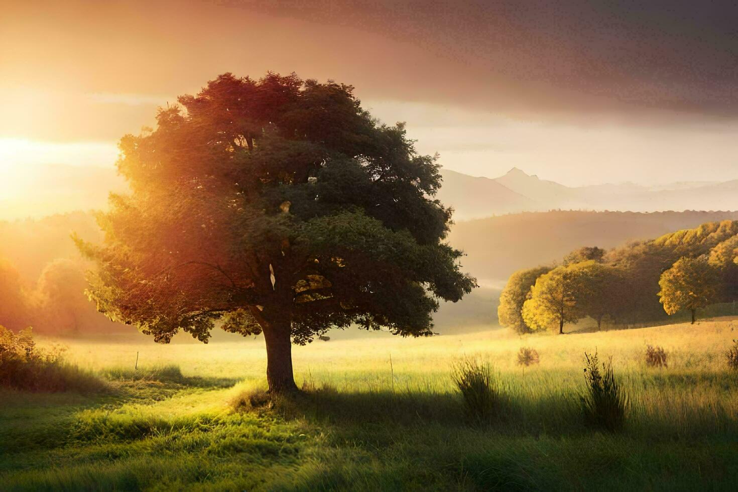 a tree stands in the middle of a field with a sunset behind it. AI-Generated photo