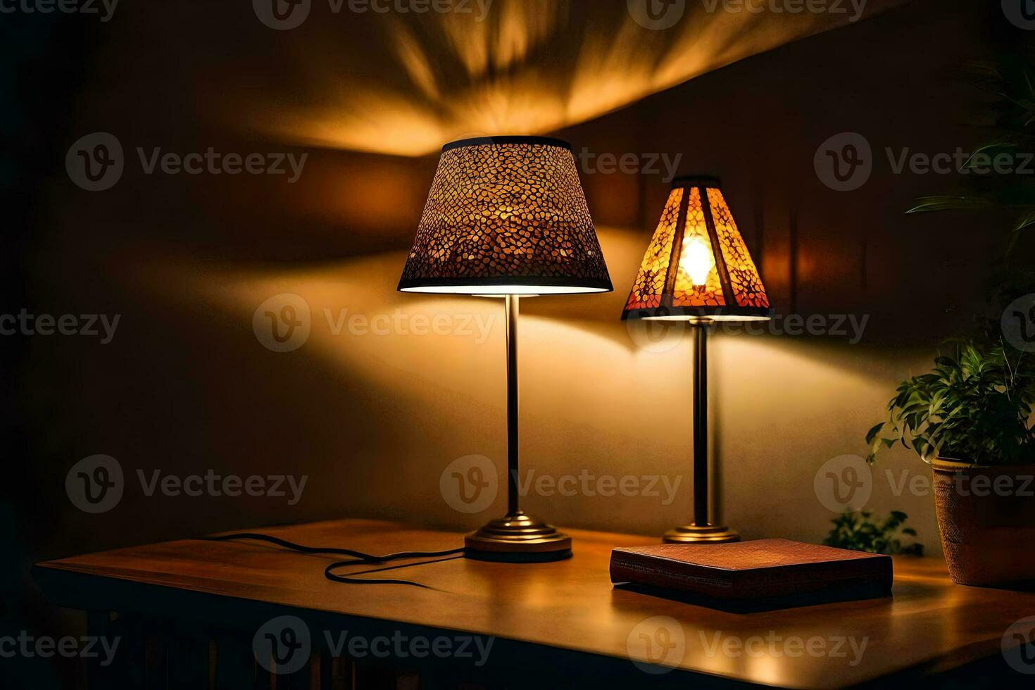a table lamp and a book on a table. AI-Generated photo