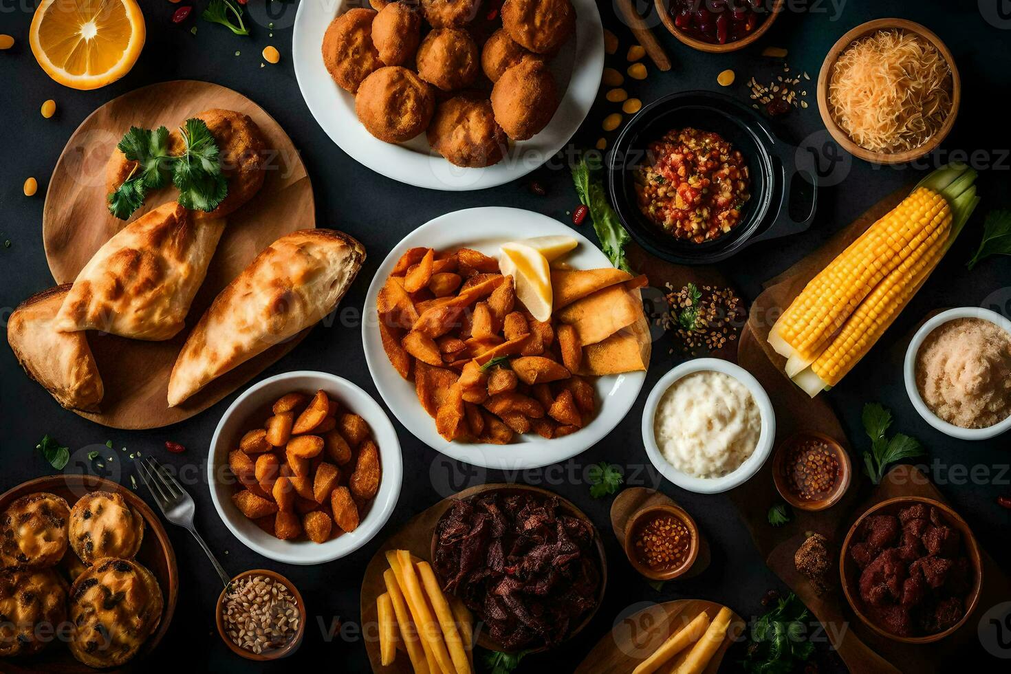 various types of food on a table. AI-Generated photo
