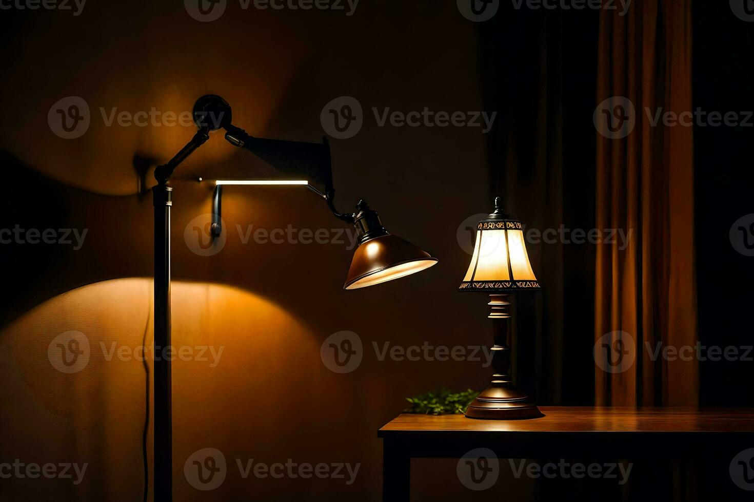 a lamp and a table in the dark. AI-Generated photo