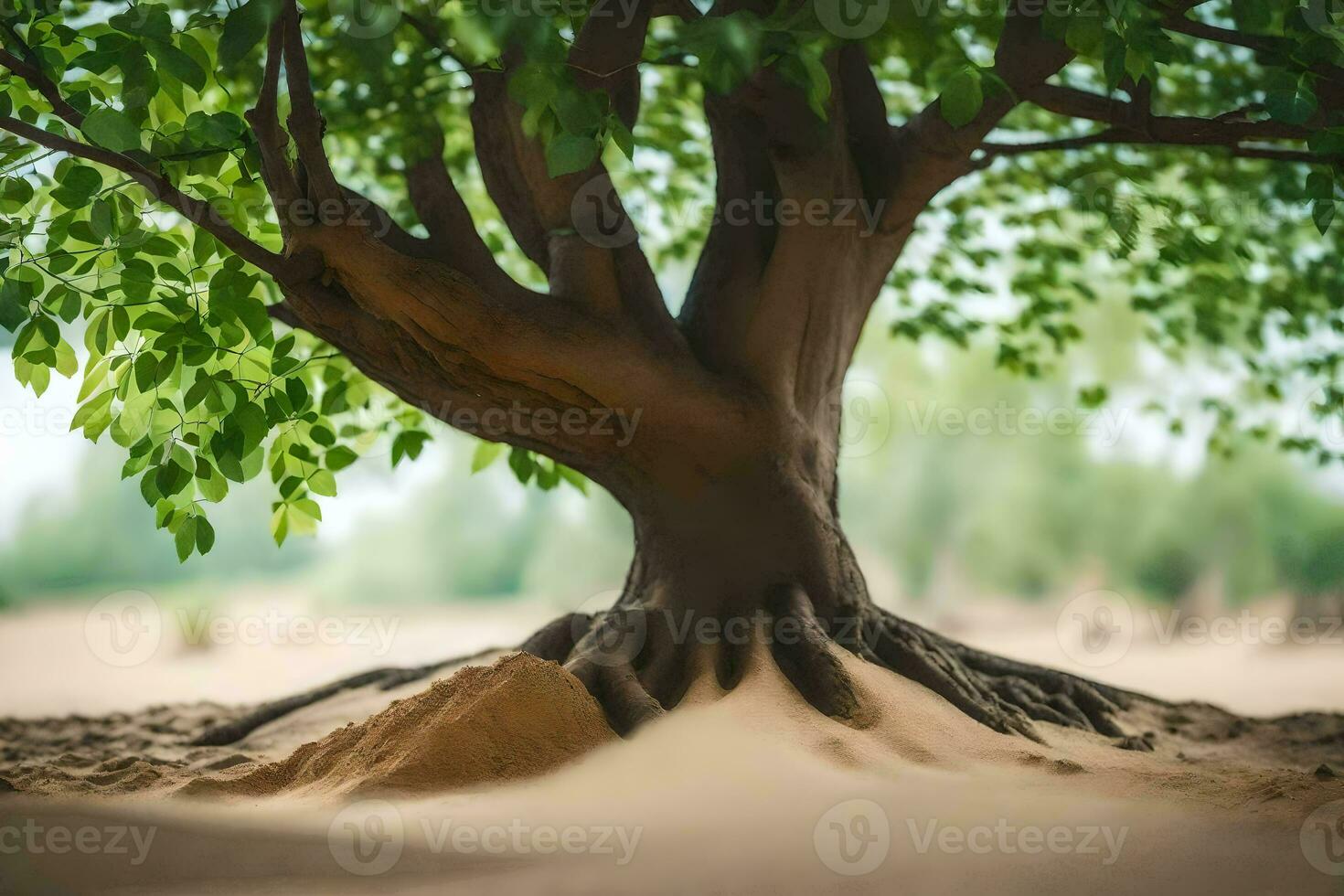 a tree with roots in the sand. AI-Generated photo