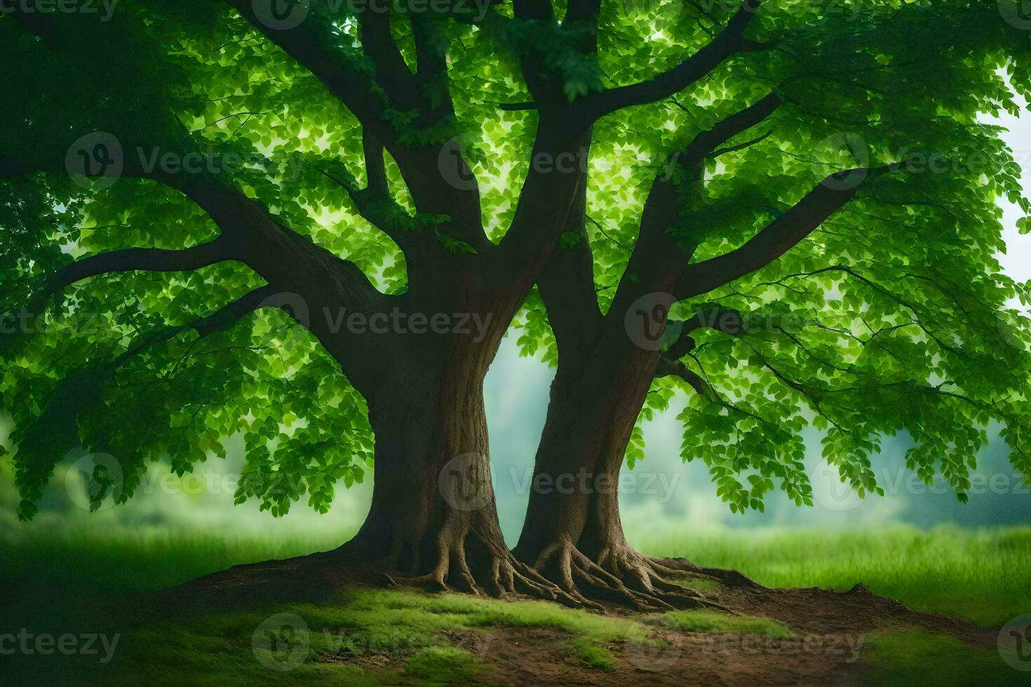 two trees in the middle of a field. AI-Generated photo