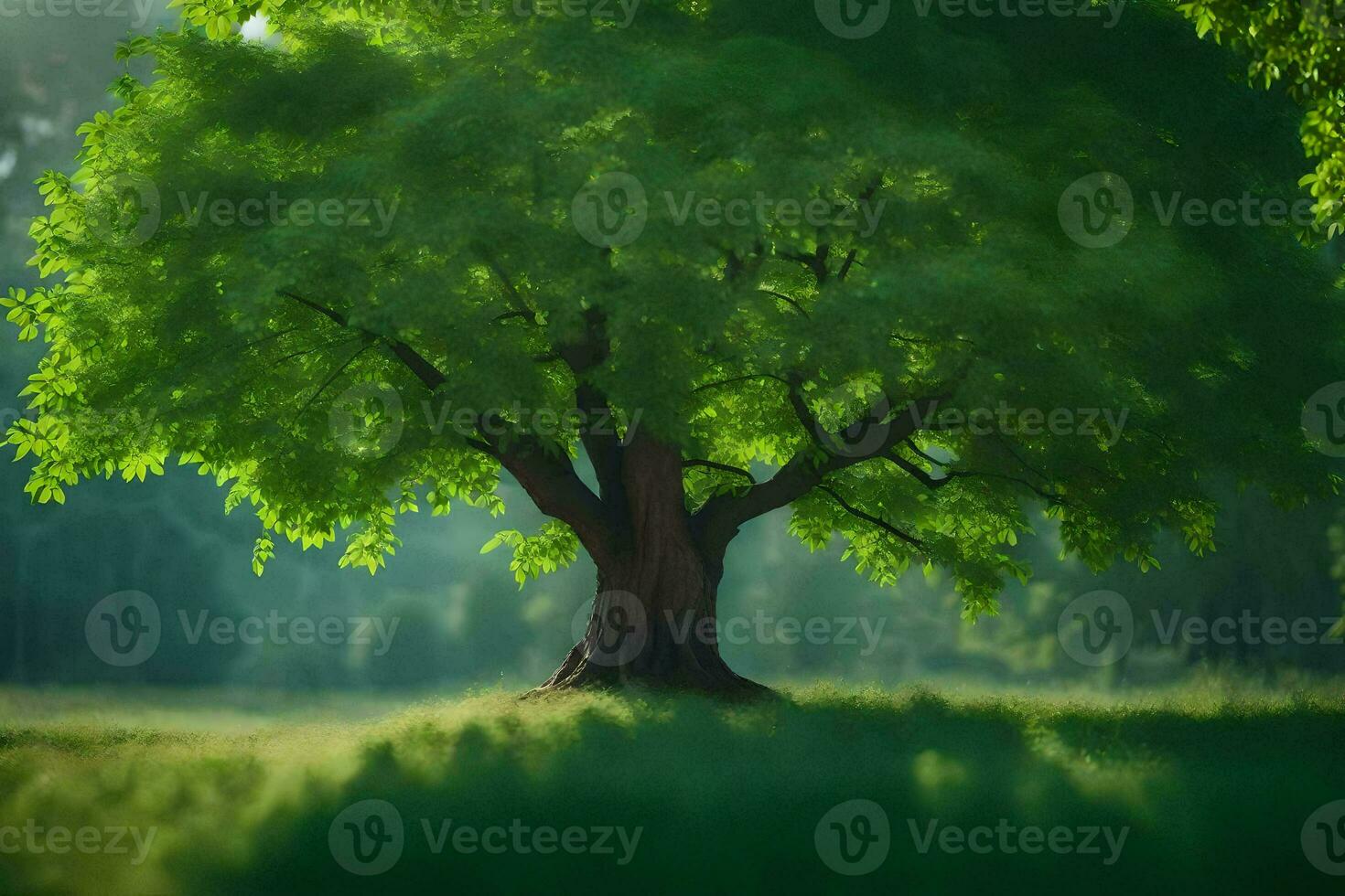 a tree is standing in the middle of a green field. AI-Generated photo