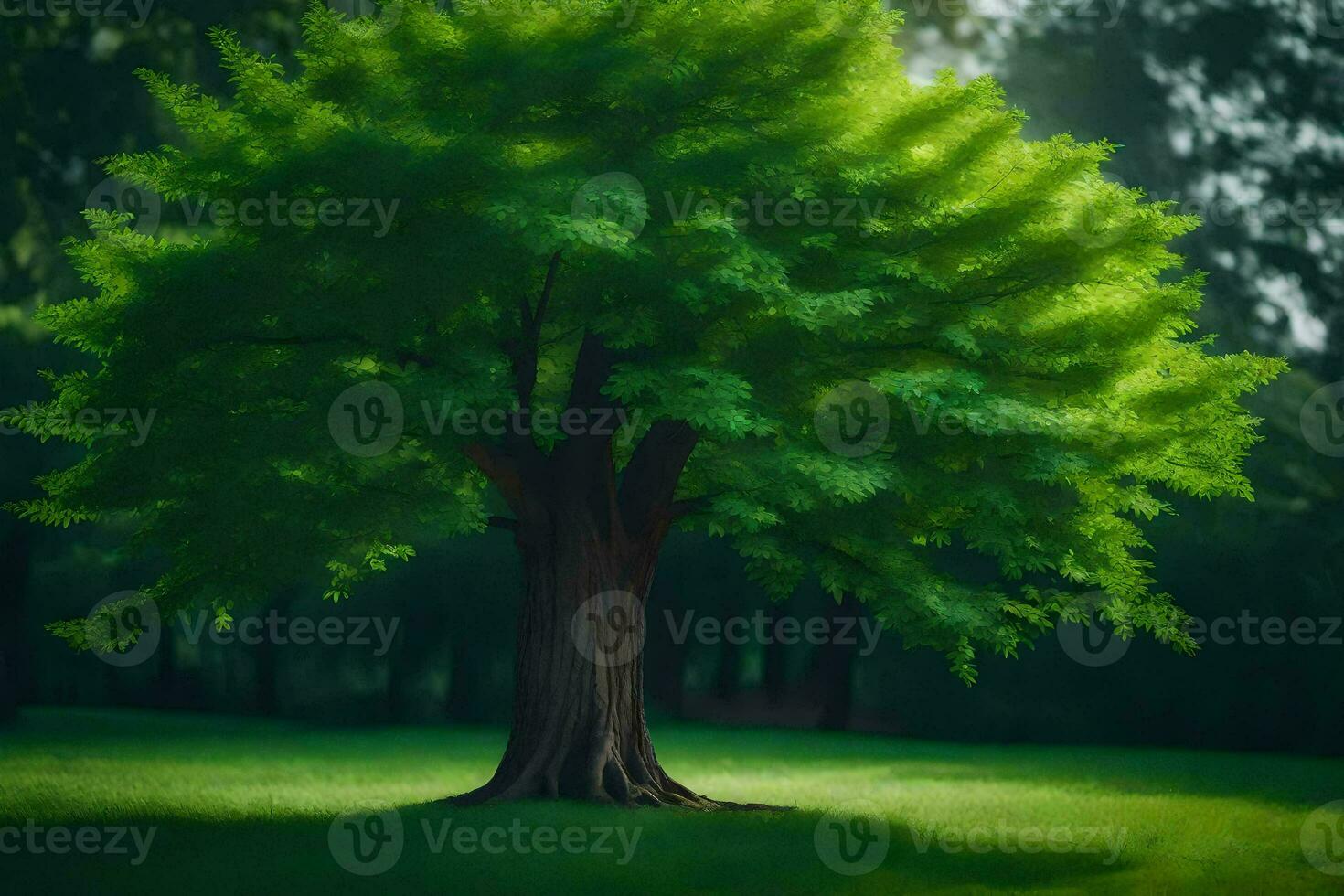 a tree in the middle of a green field. AI-Generated photo