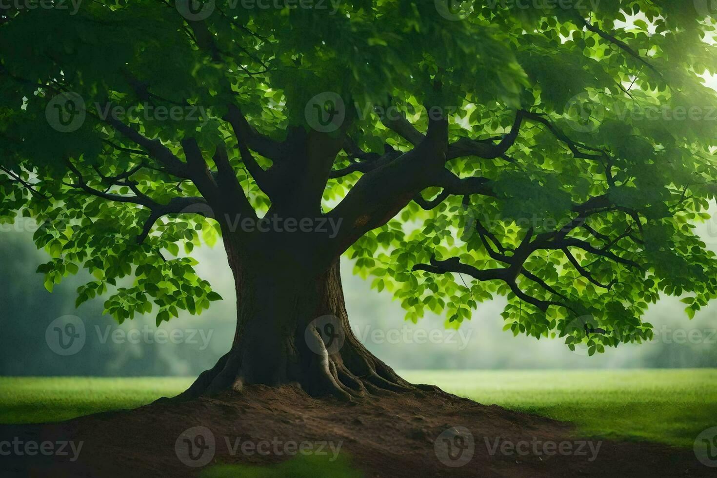 a tree with green leaves and a green grassy field. AI-Generated photo