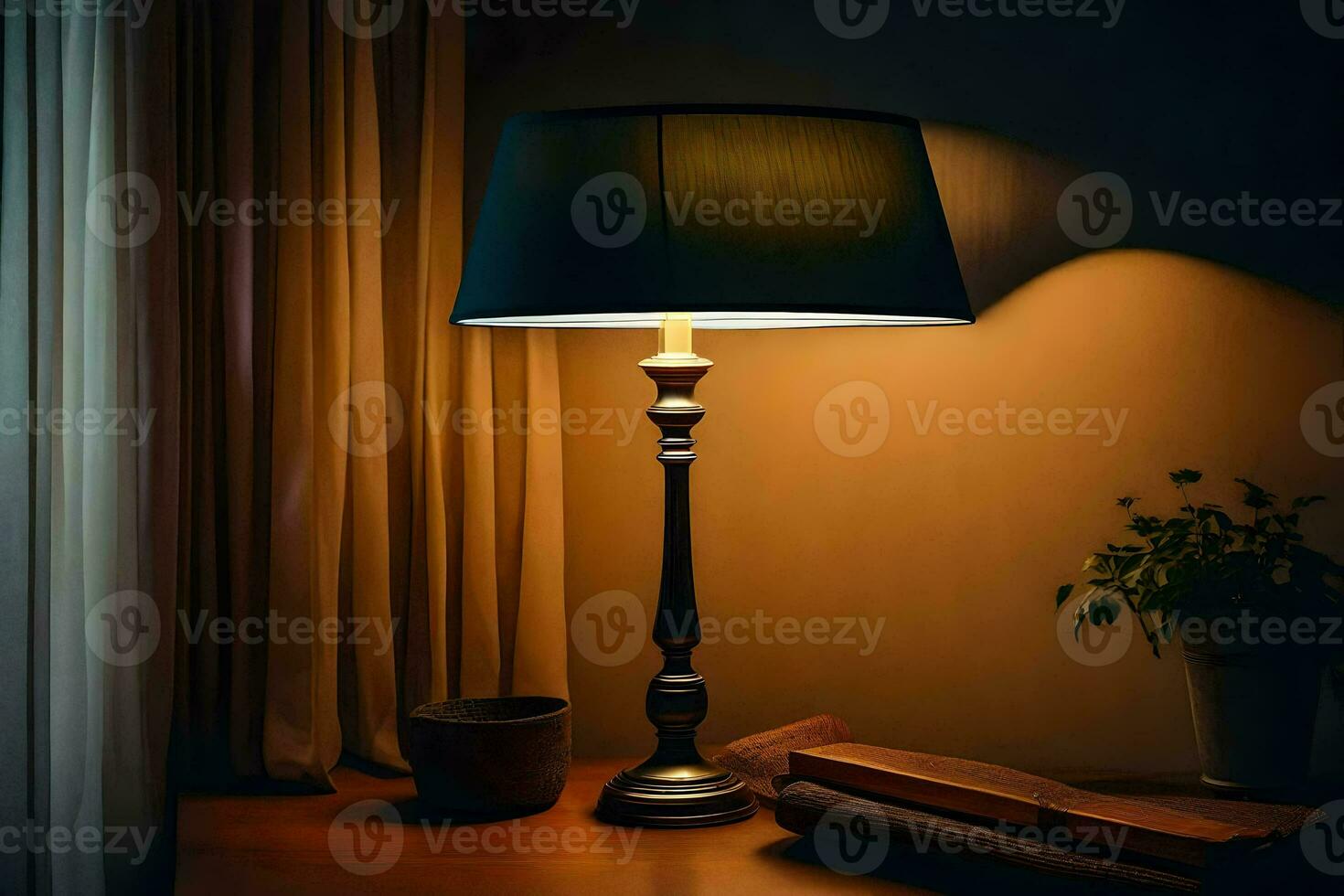 a lamp on a table in front of a window. AI-Generated photo