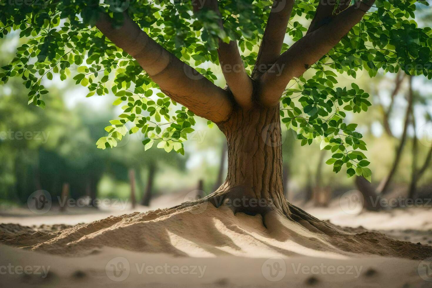 a tree with roots growing out of the sand. AI-Generated photo