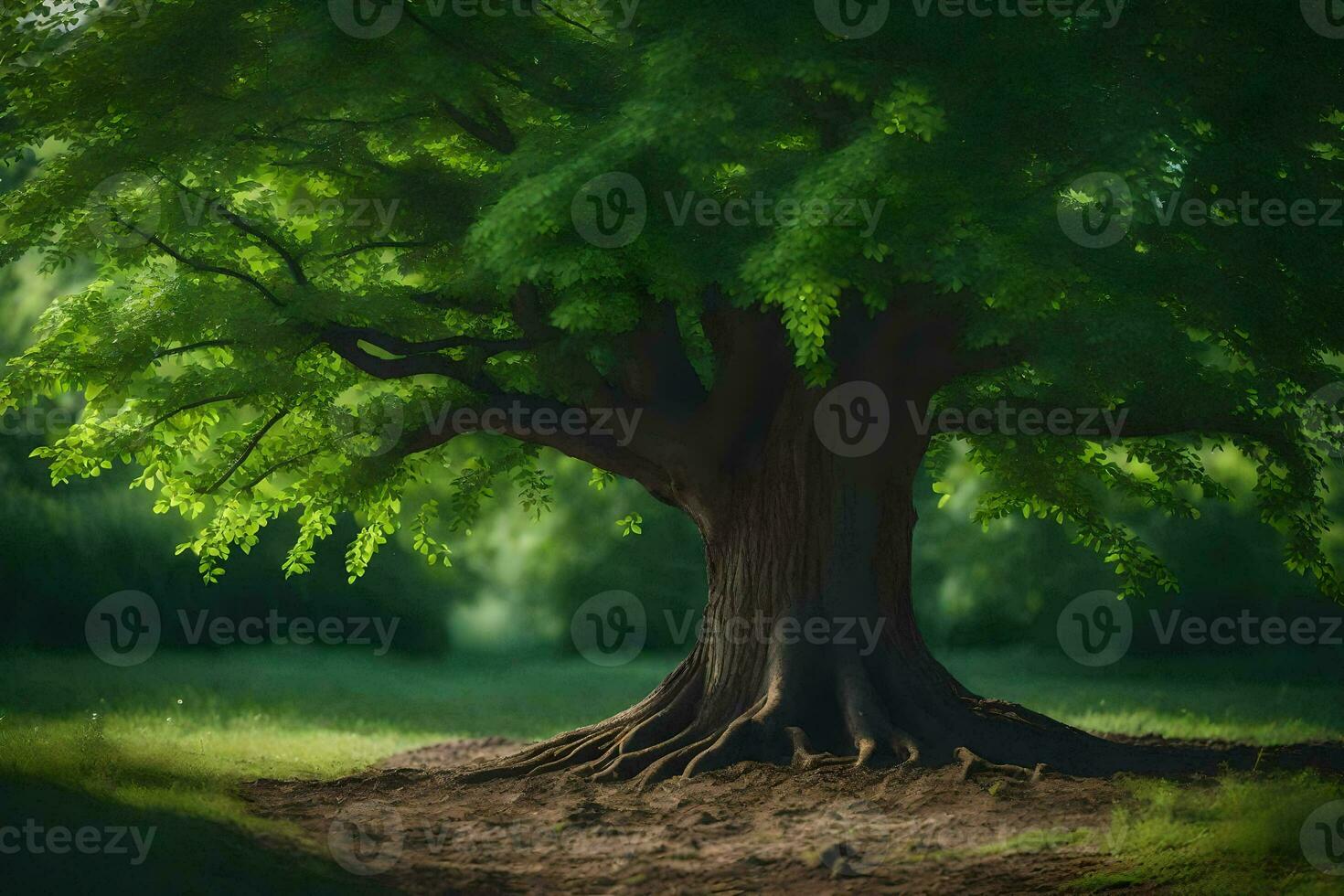 a large tree with roots in the middle of a field. AI-Generated photo