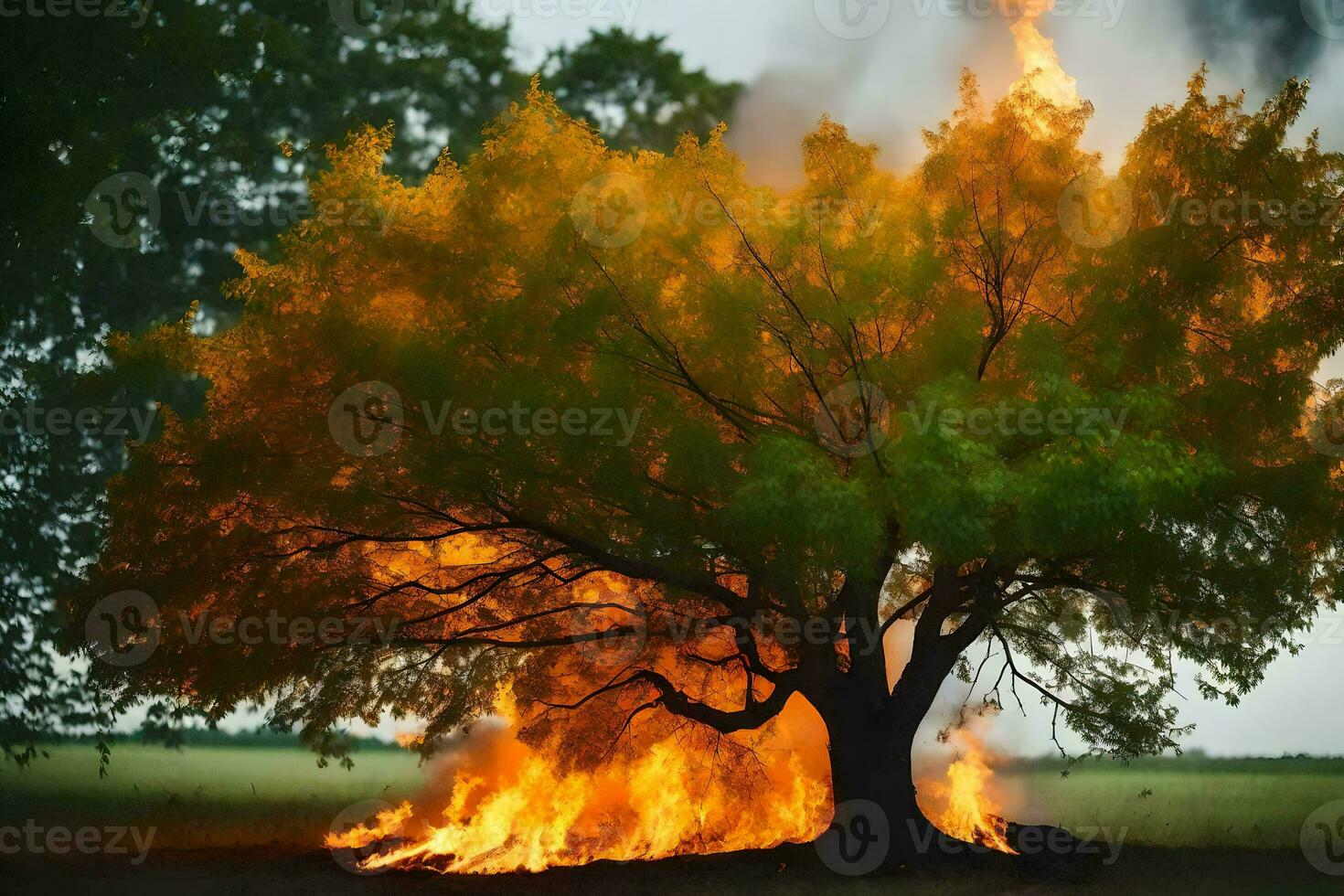 a burning tree in the middle of a field. AI-Generated photo