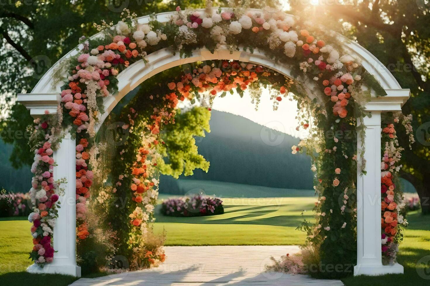 an archway with flowers and greenery. AI-Generated photo