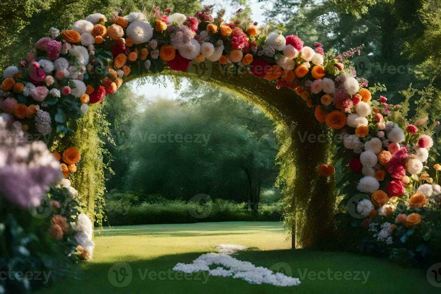 un Boda arco hecho de flores en el césped. generado por ai foto