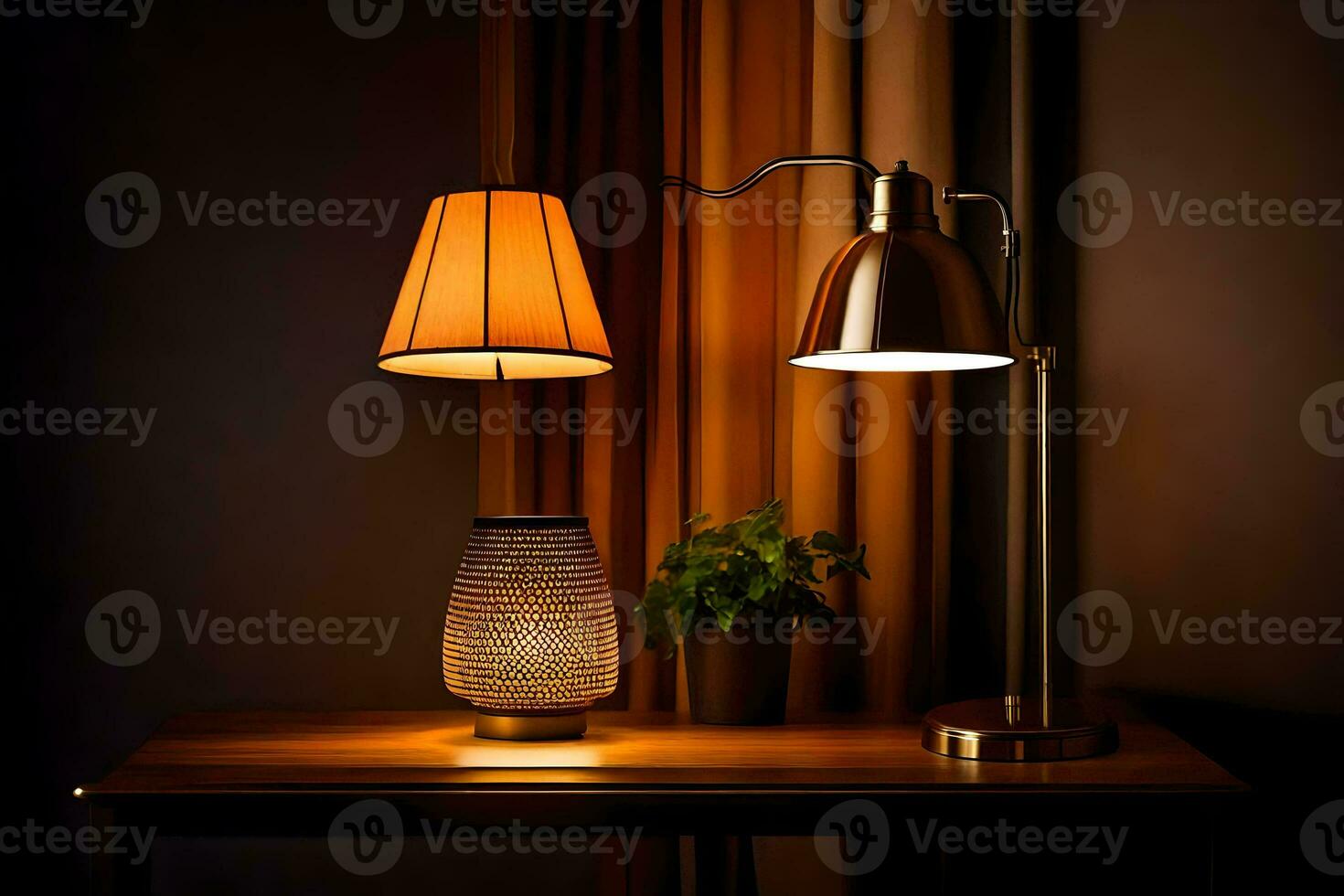 a lamp on a table next to a lampshade. AI-Generated photo