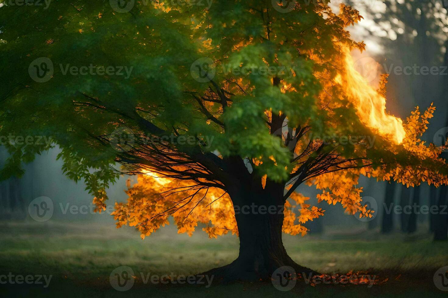 a tree with flames coming out of it in the middle of the forest. AI-Generated photo