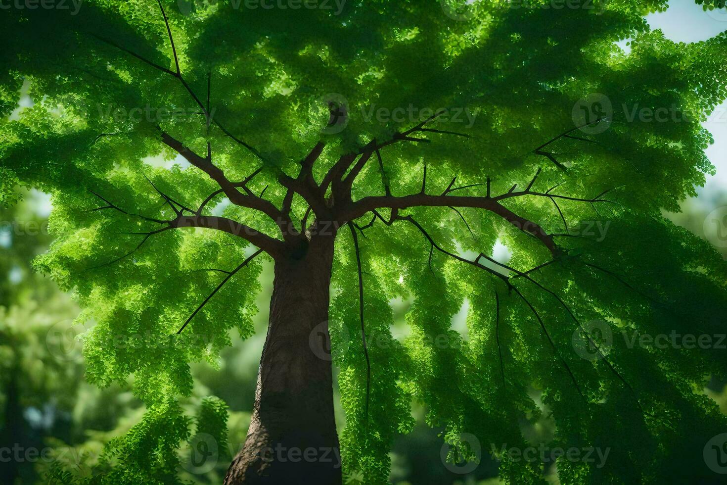 un árbol es mostrado en el luz de sol con verde hojas. generado por ai foto