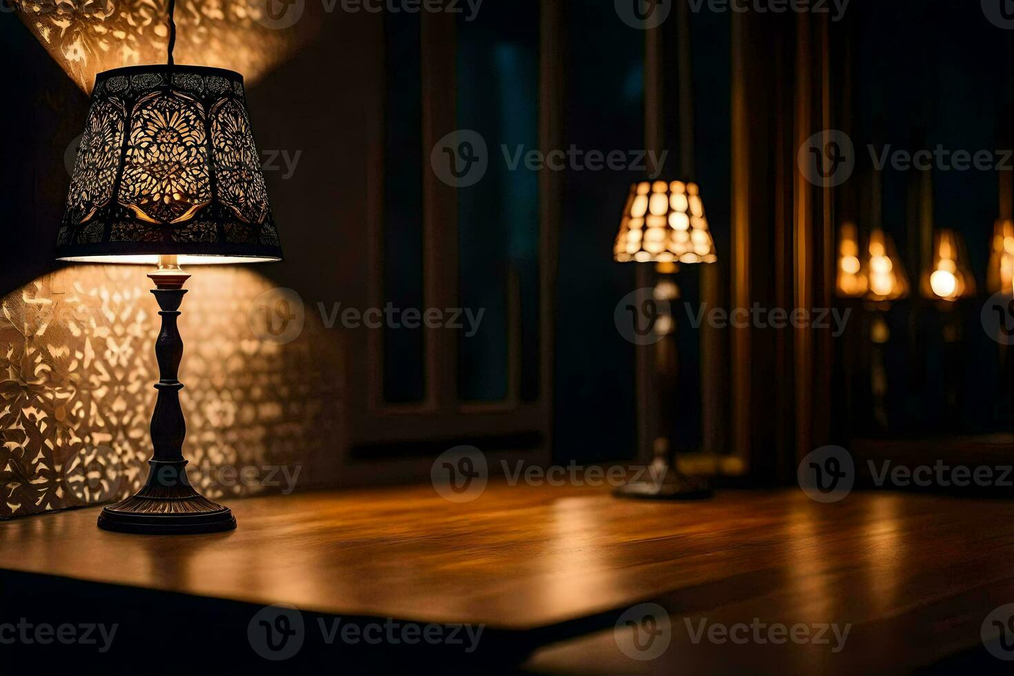a lamp on a table in a dark room. AI-Generated photo
