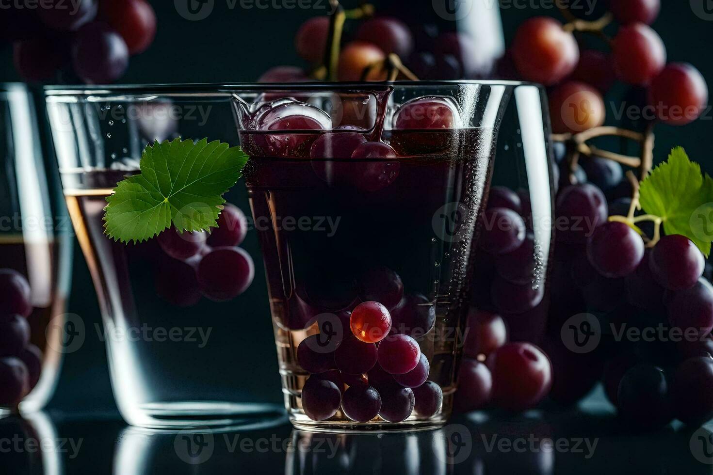 grapes and wine in glasses on a black background. AI-Generated photo