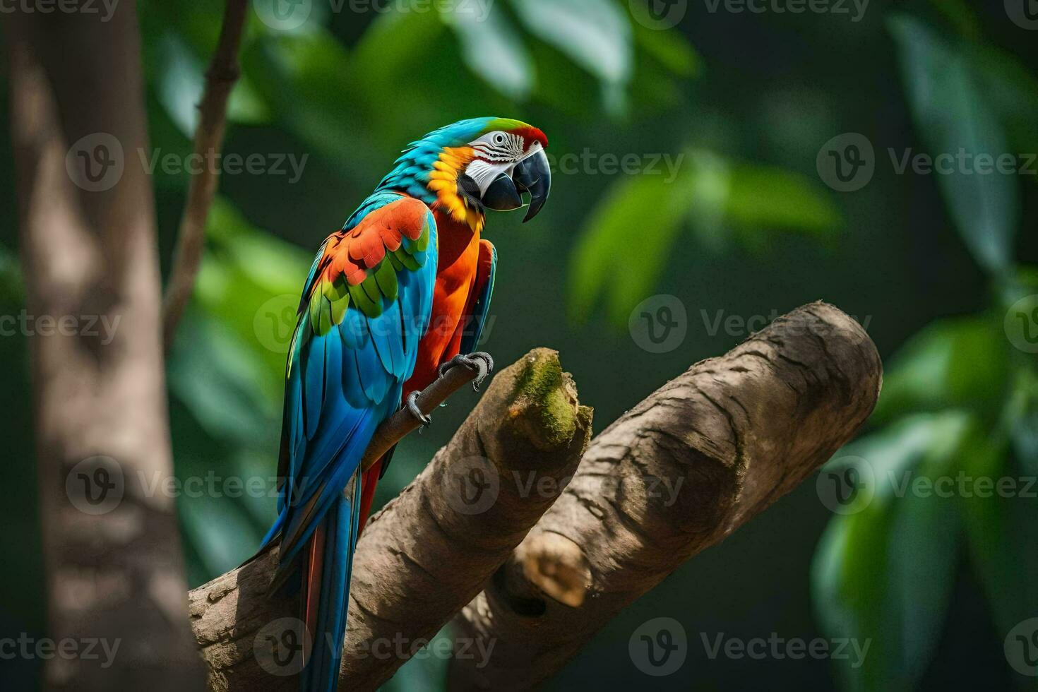 a colorful parrot sits on a branch in the forest. AI-Generated photo