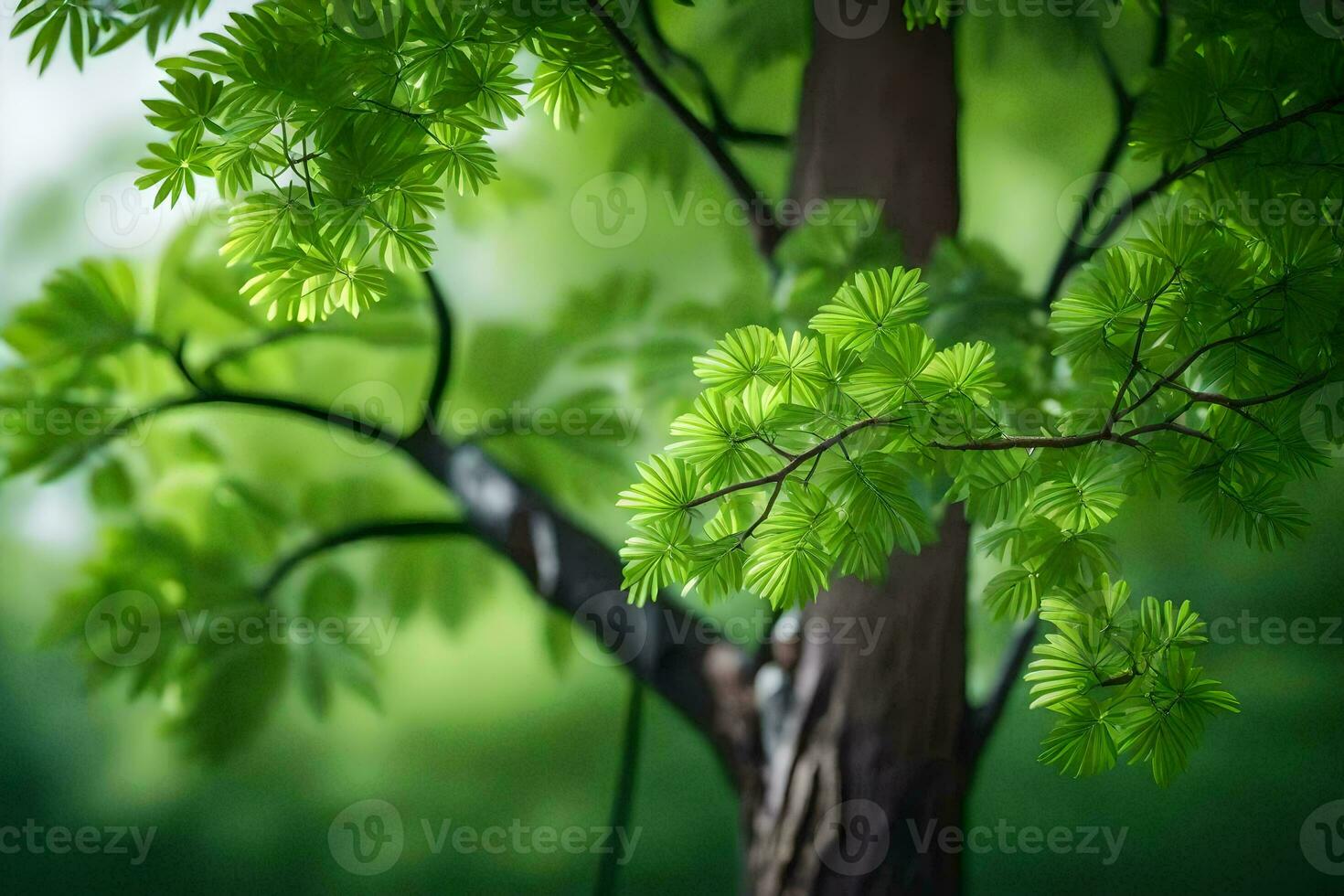 a tree with green leaves in front of a green background. AI-Generated photo