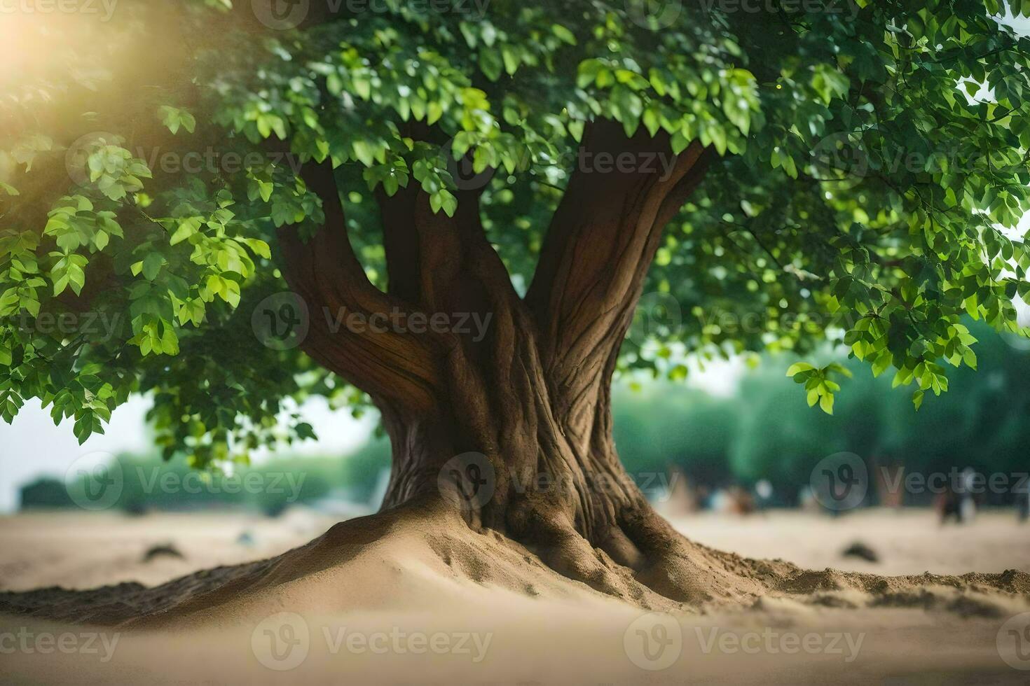 a tree with roots in the sand. AI-Generated photo