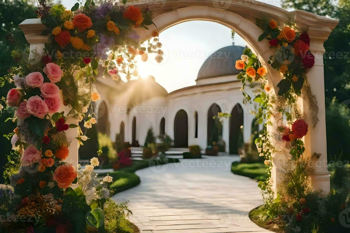 an archway with flowers and a pathway leading to a mosque. AI-Generated photo