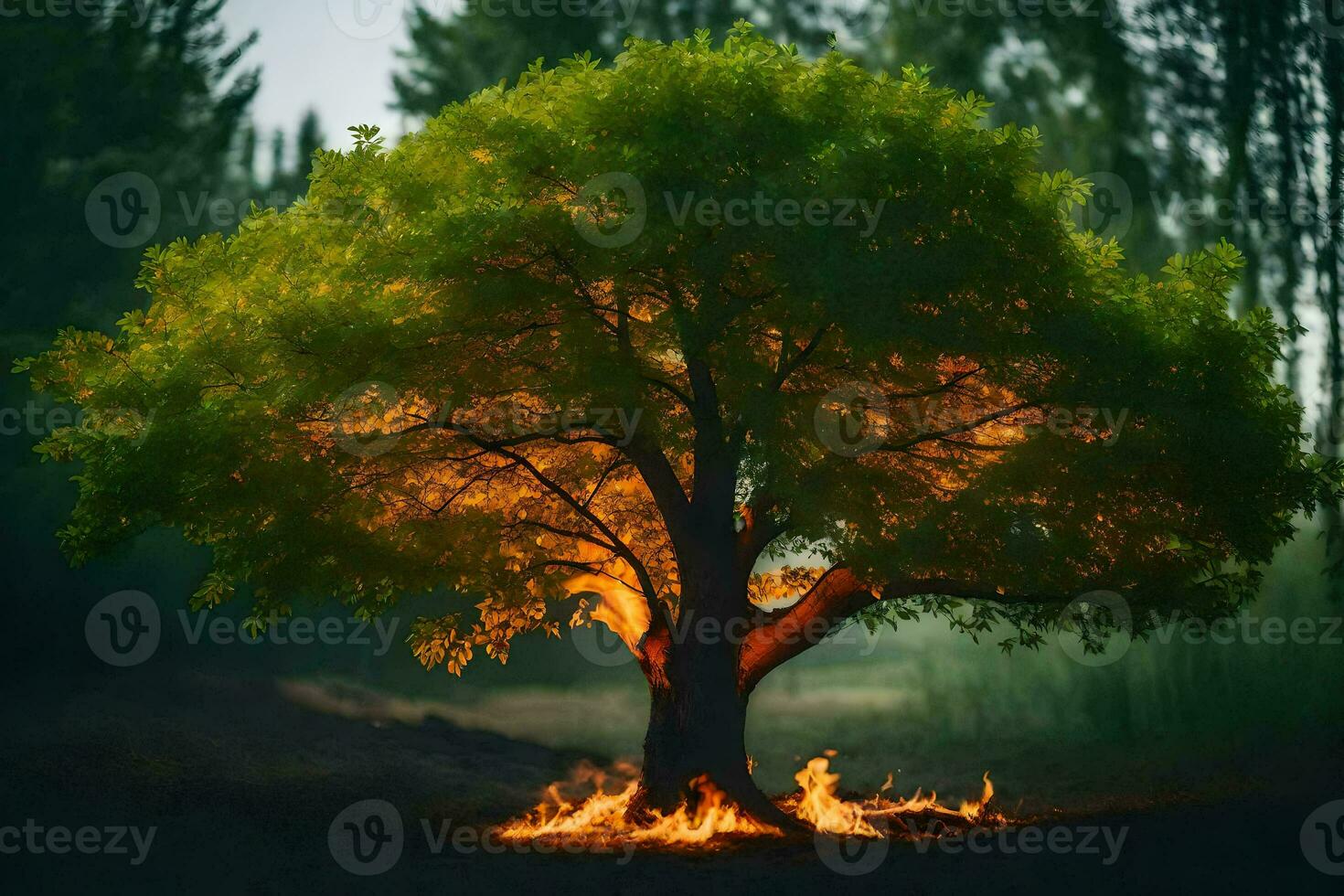 a tree with flames coming out of it in the dark. AI-Generated photo