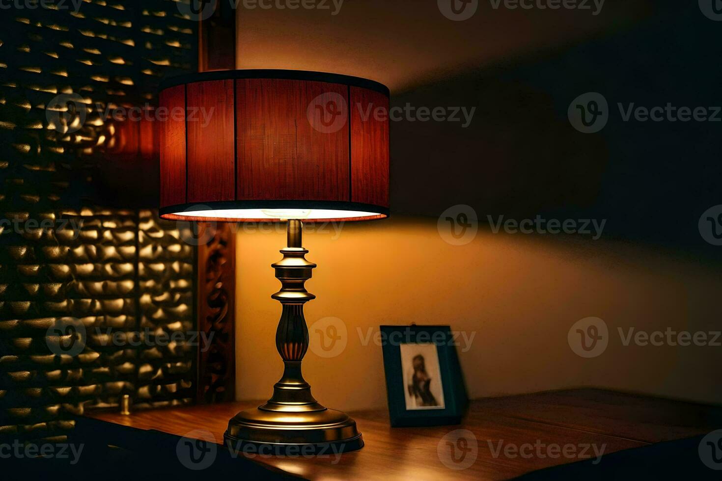a lamp on a table in front of a picture. AI-Generated photo