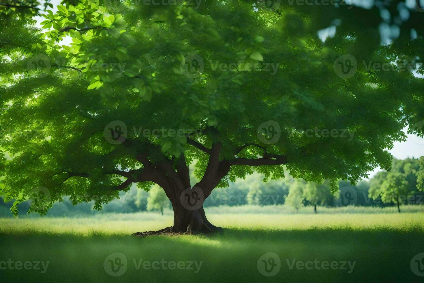 a large tree in the middle of a field. AI-Generated photo