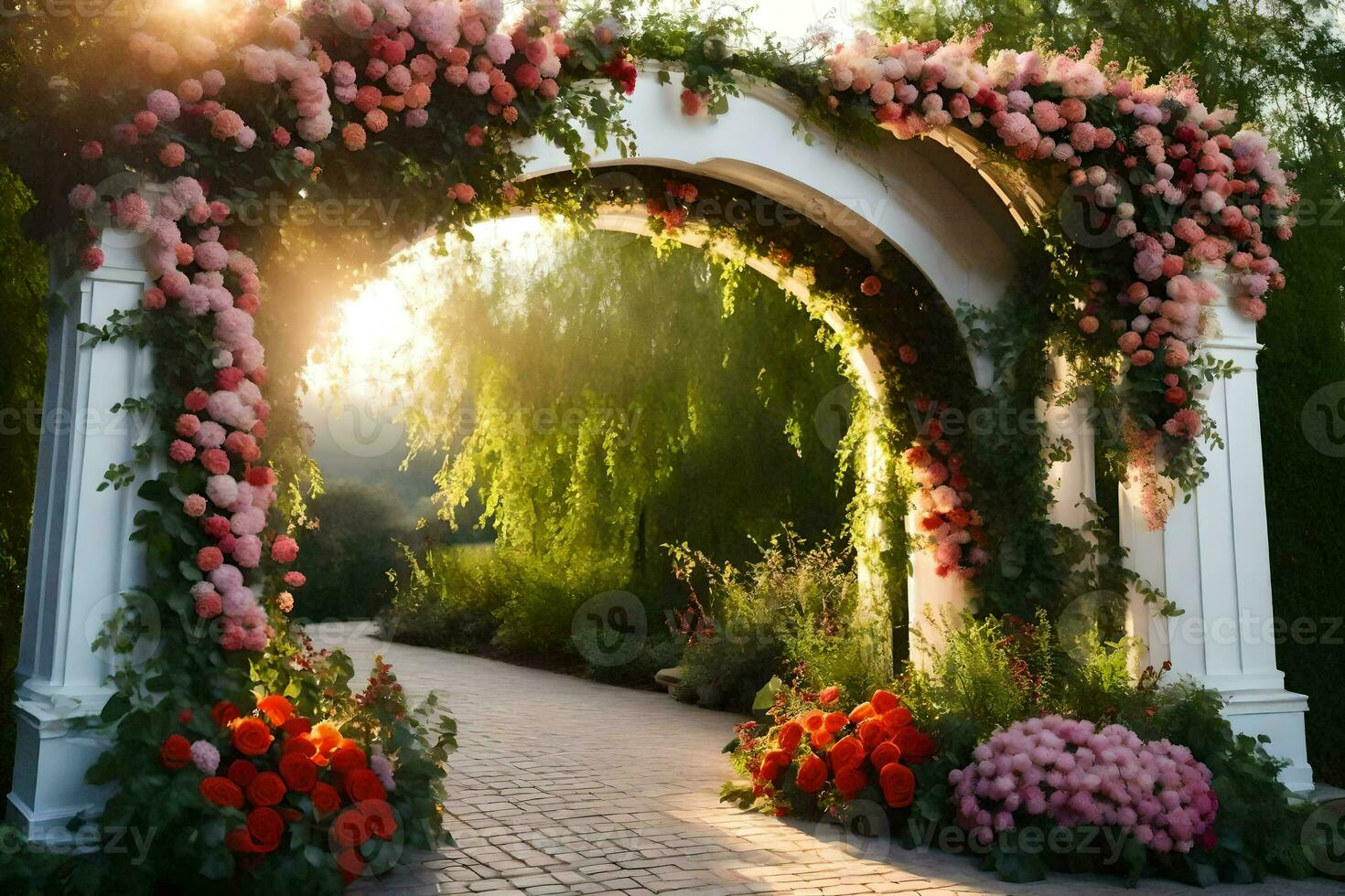 un hermosa arco con flores y verdor. generado por ai foto