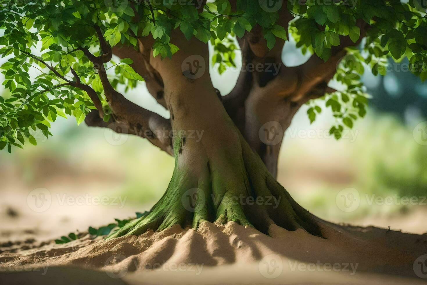 a tree with roots growing out of the sand. AI-Generated photo